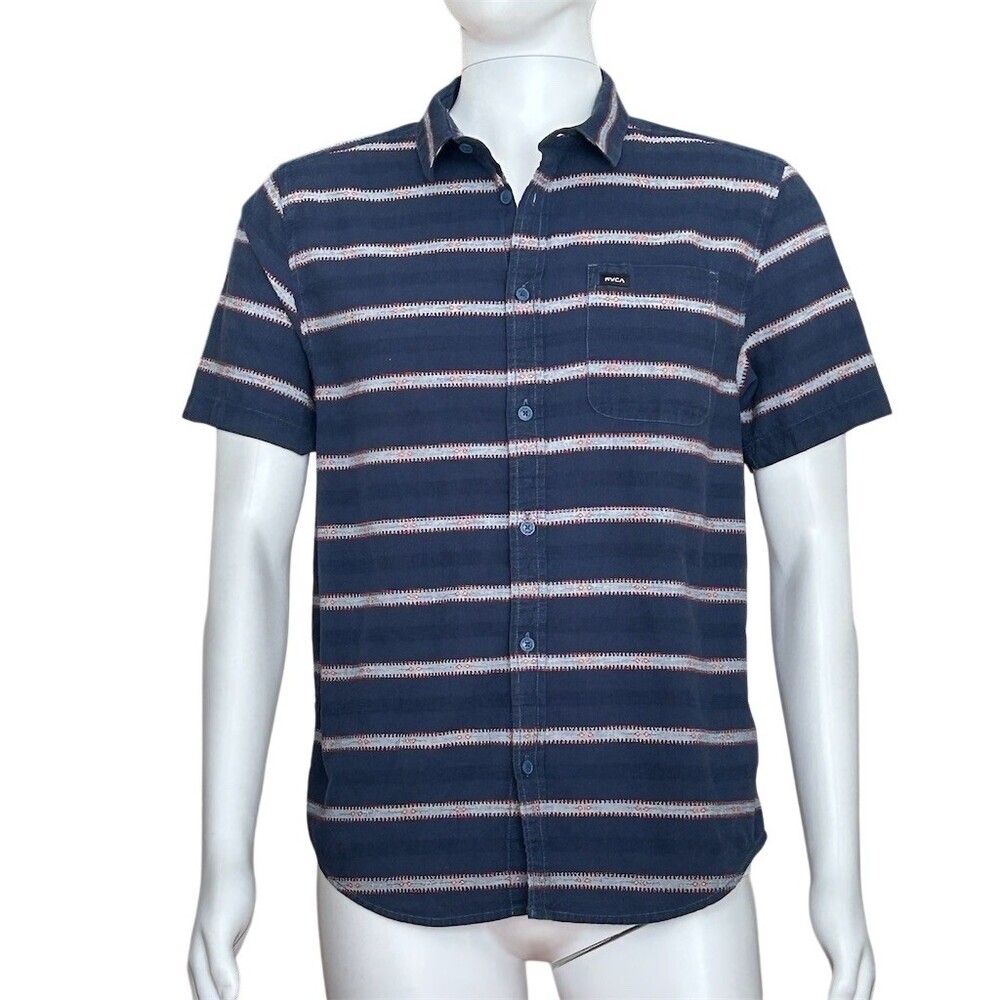 RVCA Button-Up Shirt Men's Size M Navy Blue Striped Short Sleeve Casual - Picture 9 of 9
